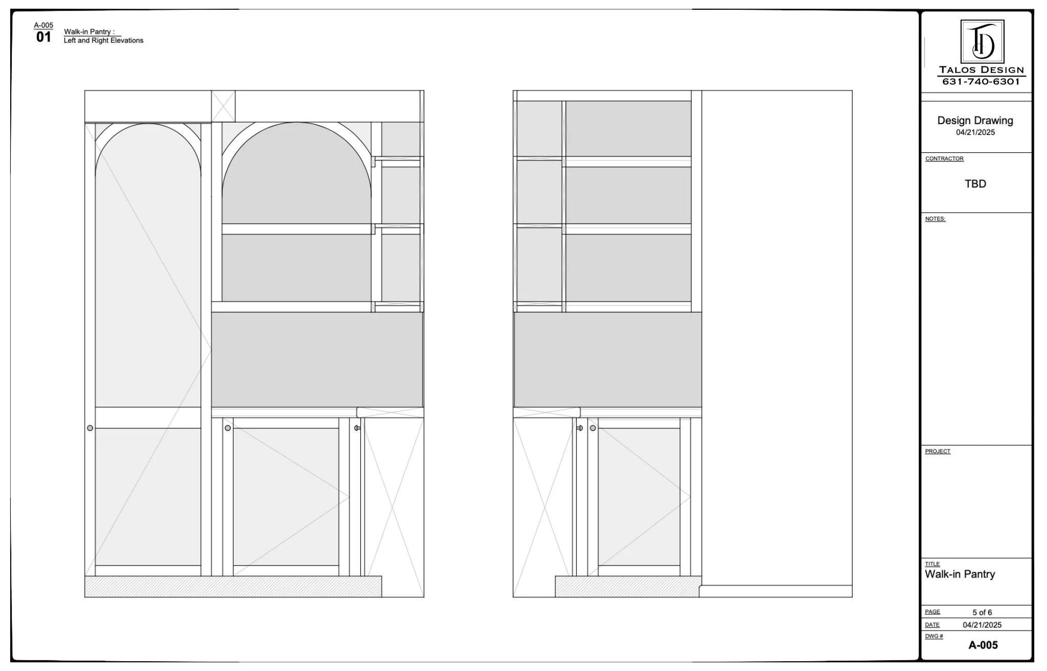 Architectural design drawing of a walk-in pantry with front and side elevations, showing cabinetry, shelving, and storage features.