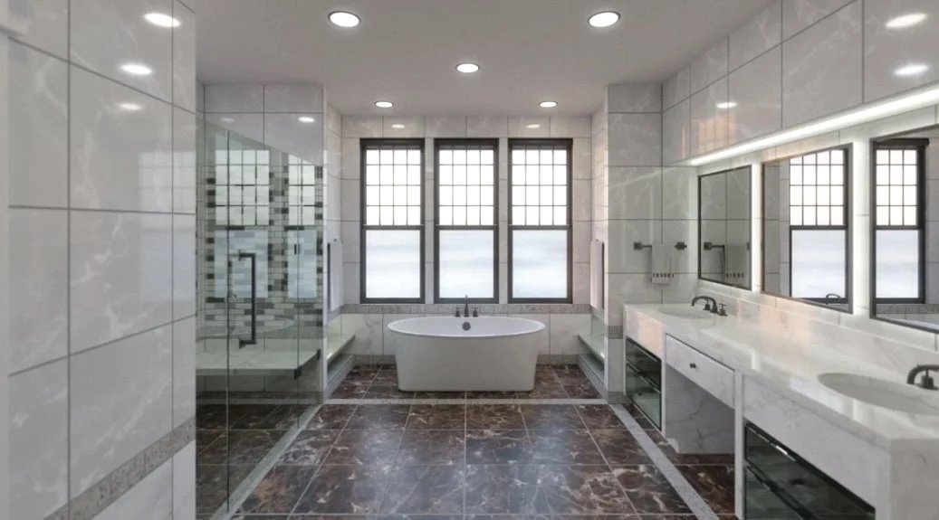 Luxurious modern bathroom with large windows, a freestanding bathtub, a walk-in shower with glass doors, a double vanity with mirrors, and marble flooring.