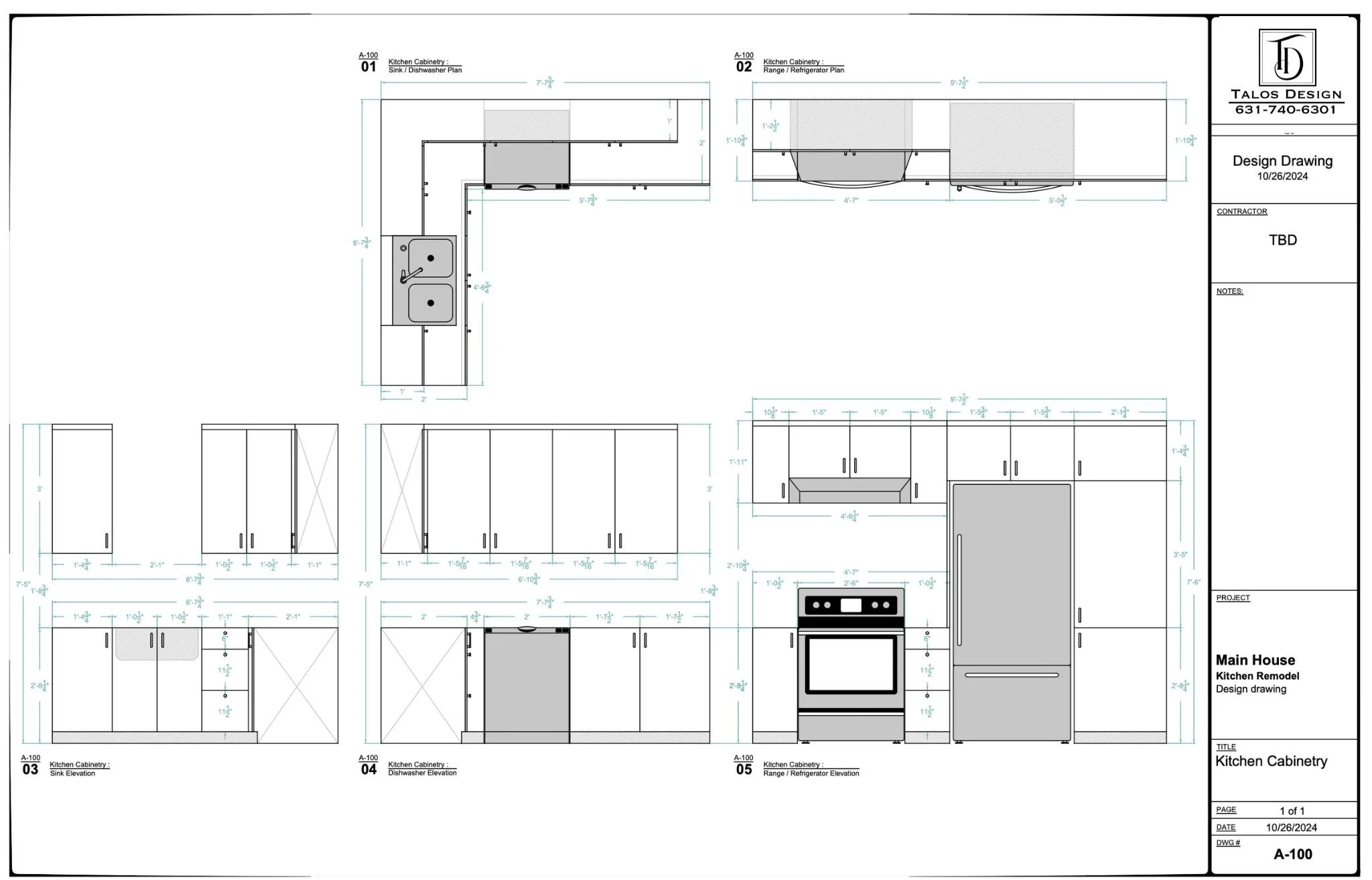Technical drawing of a kitchen cabinetry layout showing various elevations and plans, including sink, dishwasher, range, refrigerator, and cabinet measurements, with labels and dimensions.