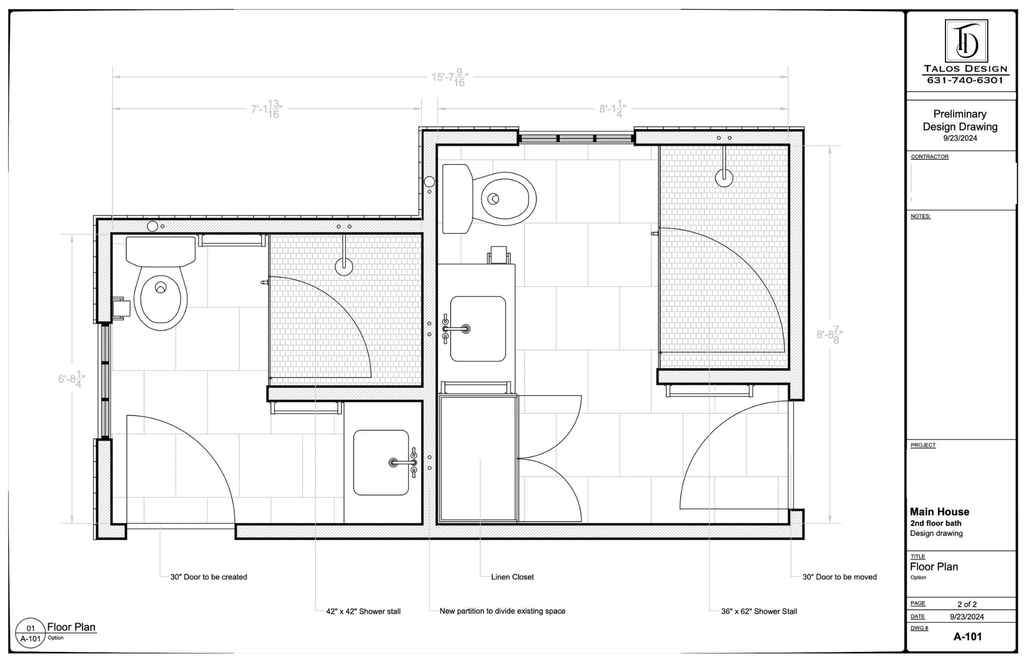 Preliminary floor plan for a second-floor bathroom in a house, showing detailed arrangements of toilets, showers, sinks, doors, walls, and partitions, with measurements and construction notes.