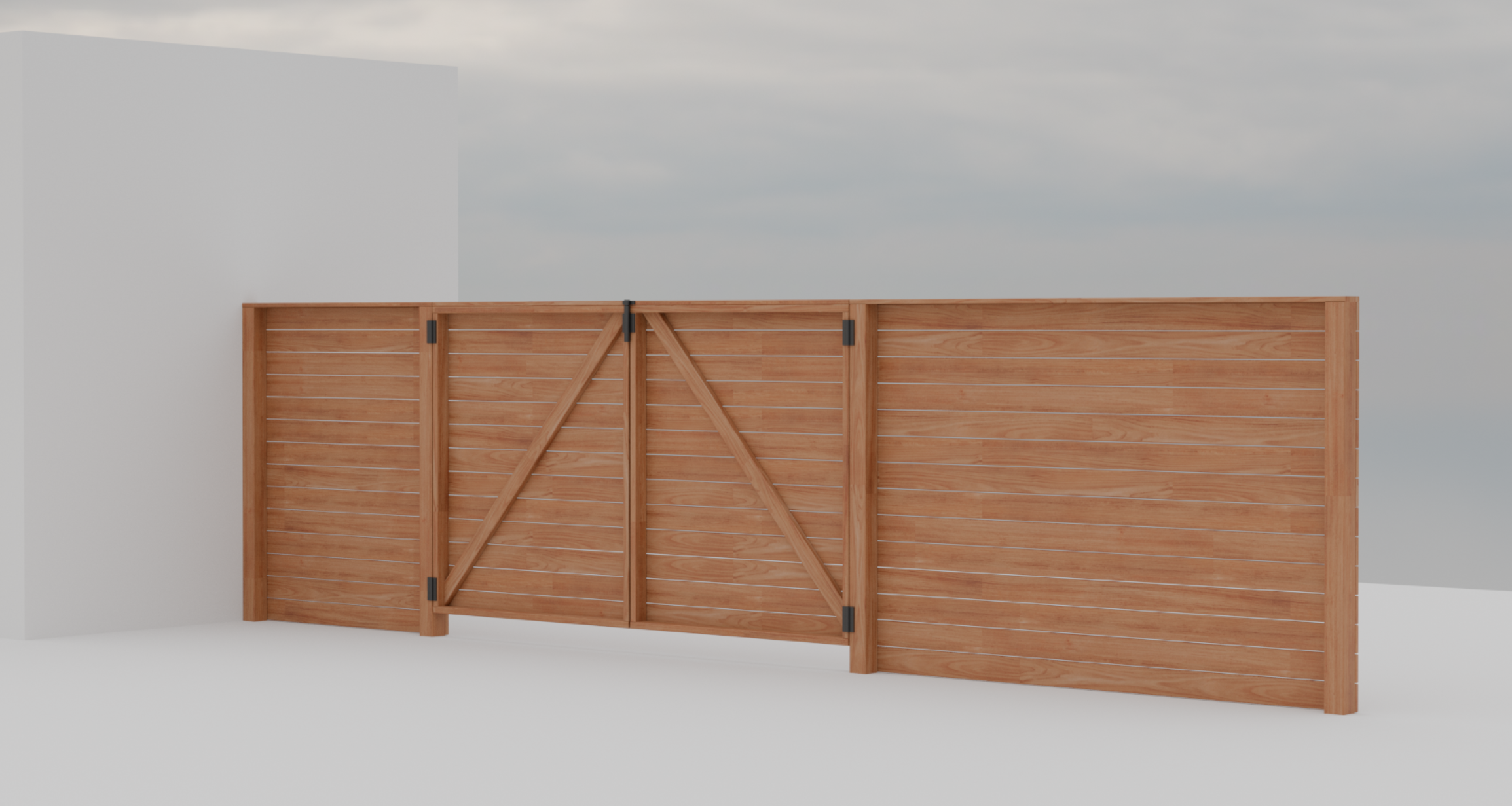 A wooden fence with a gate, set against a cloudy sky and a white wall.