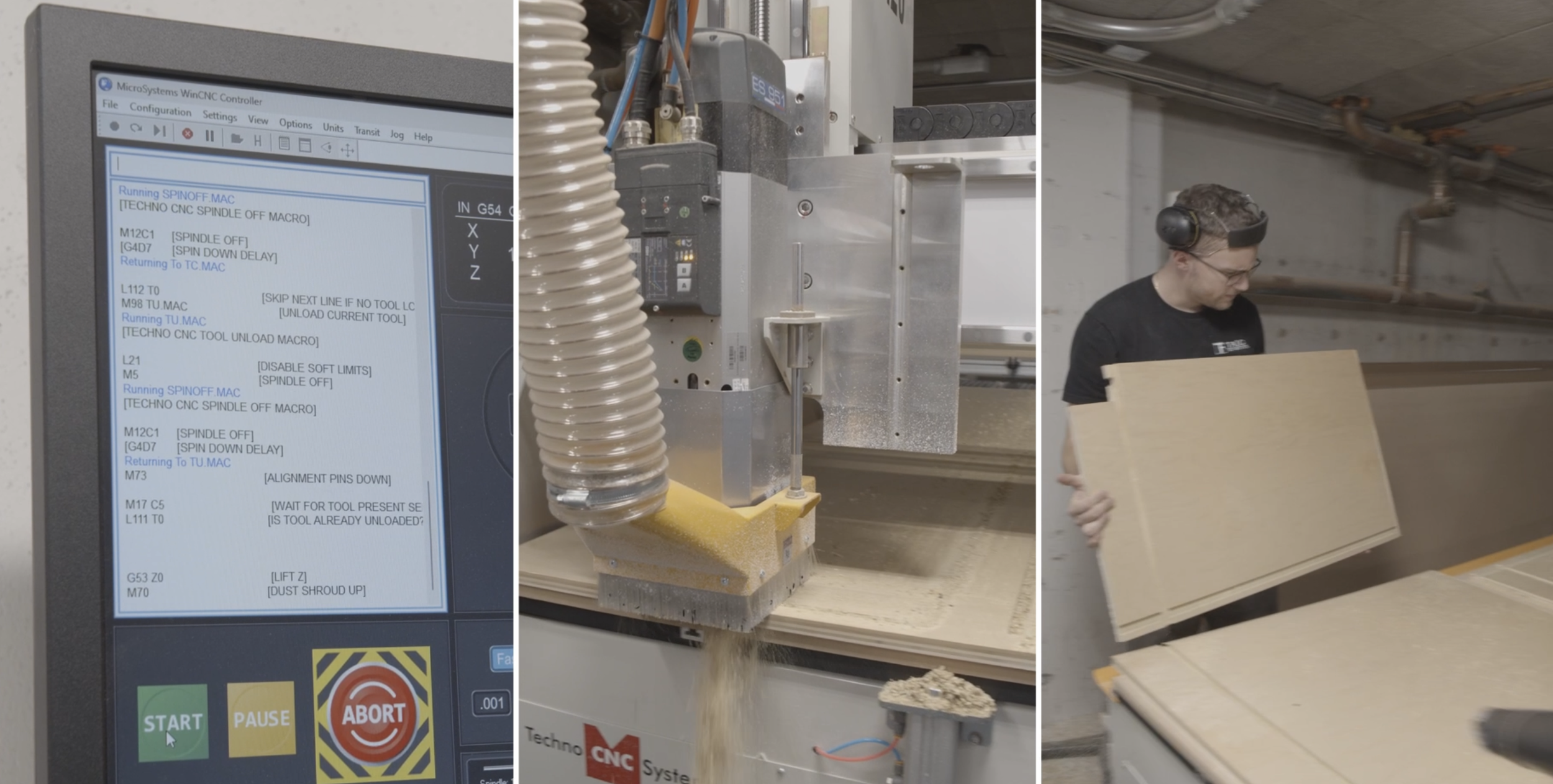 Close-up of a CNC machine control screen, a CNC milling machine in operation with wood shavings, and a person handling large pieces of wood in a woodworking workshop.