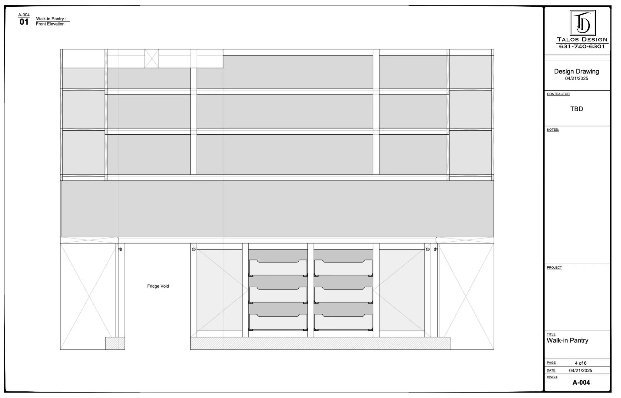 Design drawing of a walk-in pantry with framing, shelving, and a designated fridge void area.
