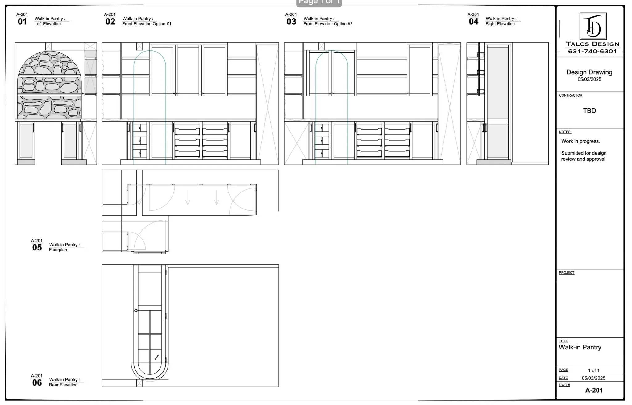 Architectural blueprint of a walk-in pantry, showing front, side, and rear elevations, floor plan, and detailed shelving and door designs.