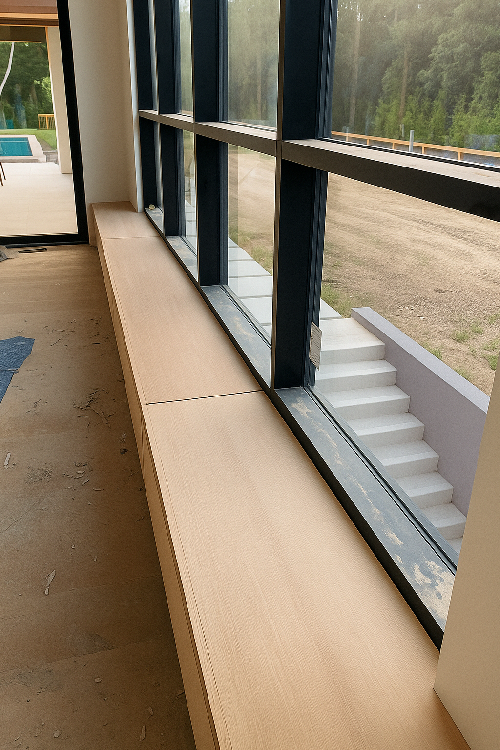 Empty interior space with a long light wood bench beneath large window panels, showing an outdoor staircase and greenery outside. cabinetry. 