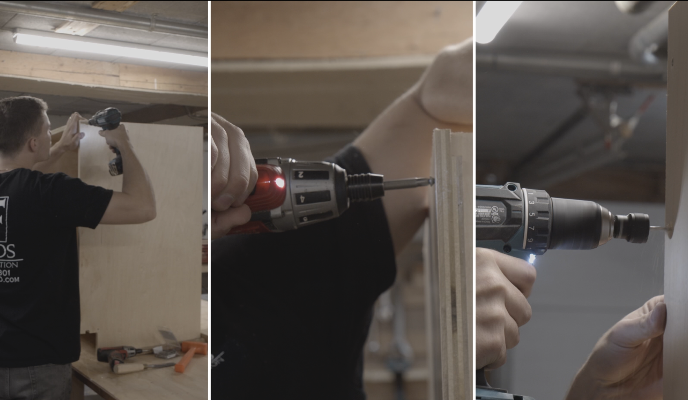 Person using a cordless drill to secure a wooden panel, involving woodworking tools and a workshop setting