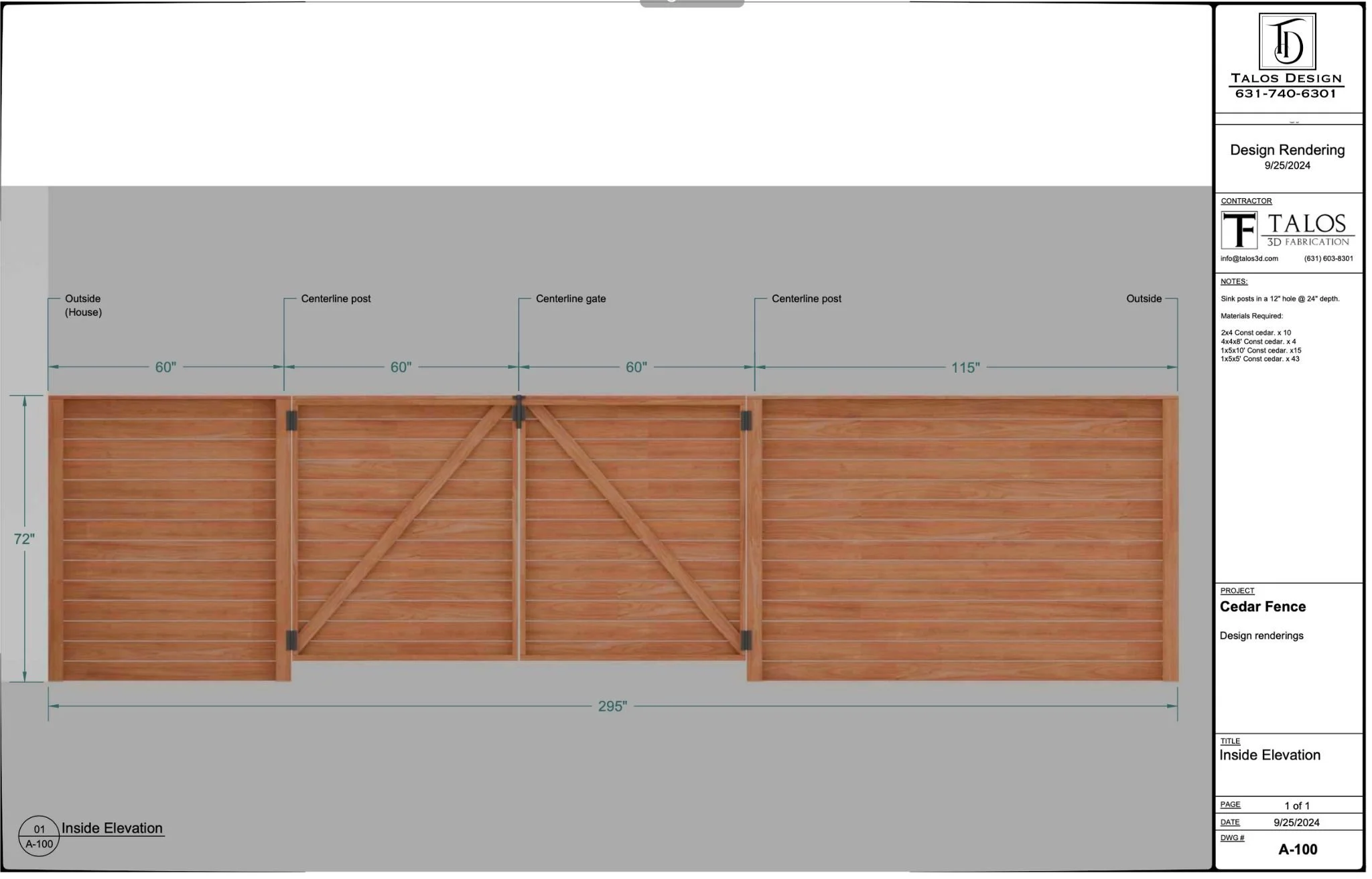 Design rendering of a cedar fence with annotations showing measurements and construction details.