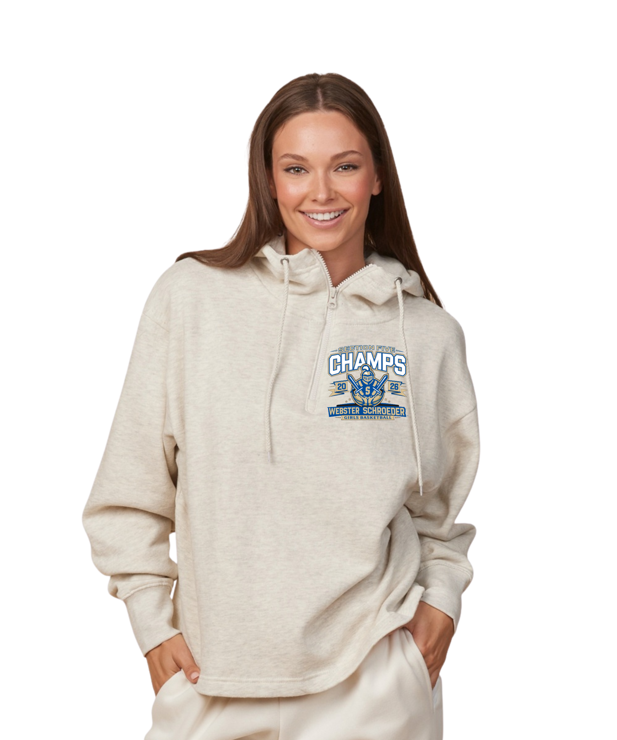 Schroeder Girls Basketball Section Five Champs Ladies Boxy Quarter Zip Hoodie