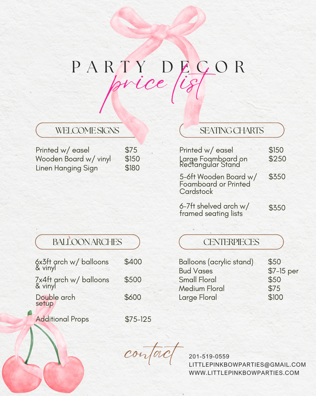 Party decor price list with pink ribbon and cherries illustration, including welcome signs, seating charts, balloon arches, and centerpieces.