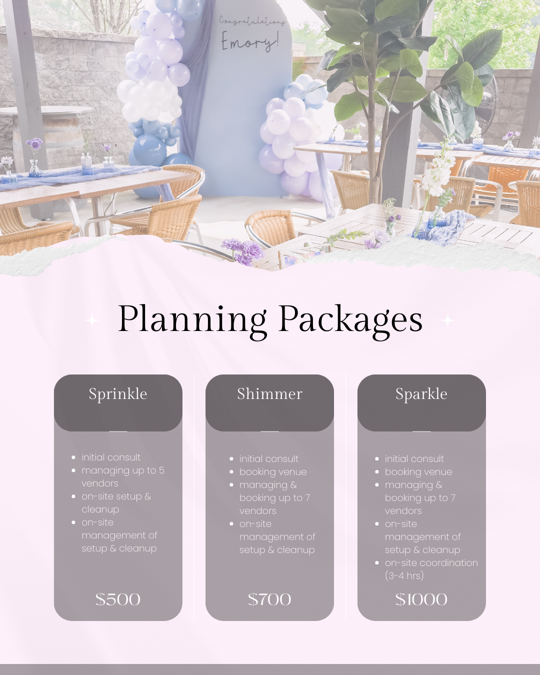 A decorated event space with tables, chairs, and balloon arrangements, featuring a sign that says 'Congratulations Emory!' and a promotional flyer for planning packages offering Sprinkle, Shimmer, and Sparkle options.