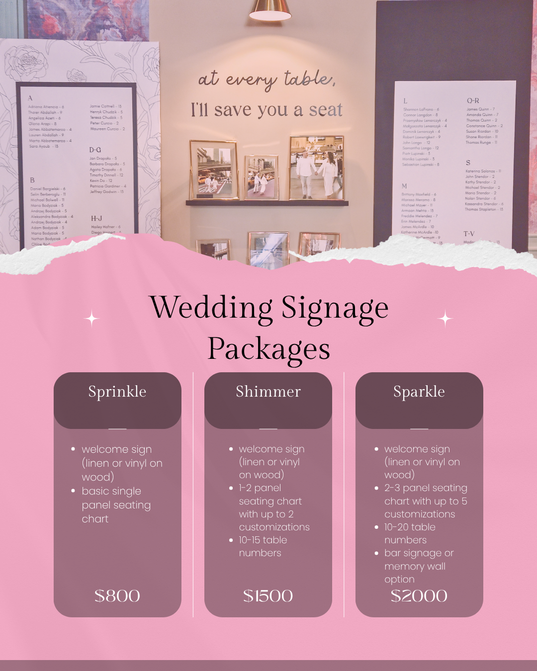 Wedding signage packages with options for Sprinkle, Shimmer, and Sparkle, detailing inclusions and prices, on a pink background with torn paper design.