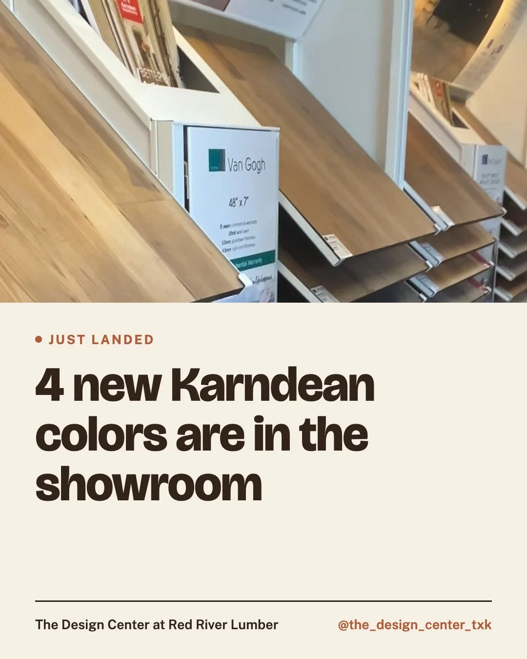 Four brand-new Karndean Van Gogh luxury vinyl planks are now on display at The Design Center:

🪵 Honey Apres Oak &mdash; warm, natural oak that keeps rooms cozy without going dark 🪵 Sable Apres Oak &mdash; deeper, richer tone for grounded contrast 
