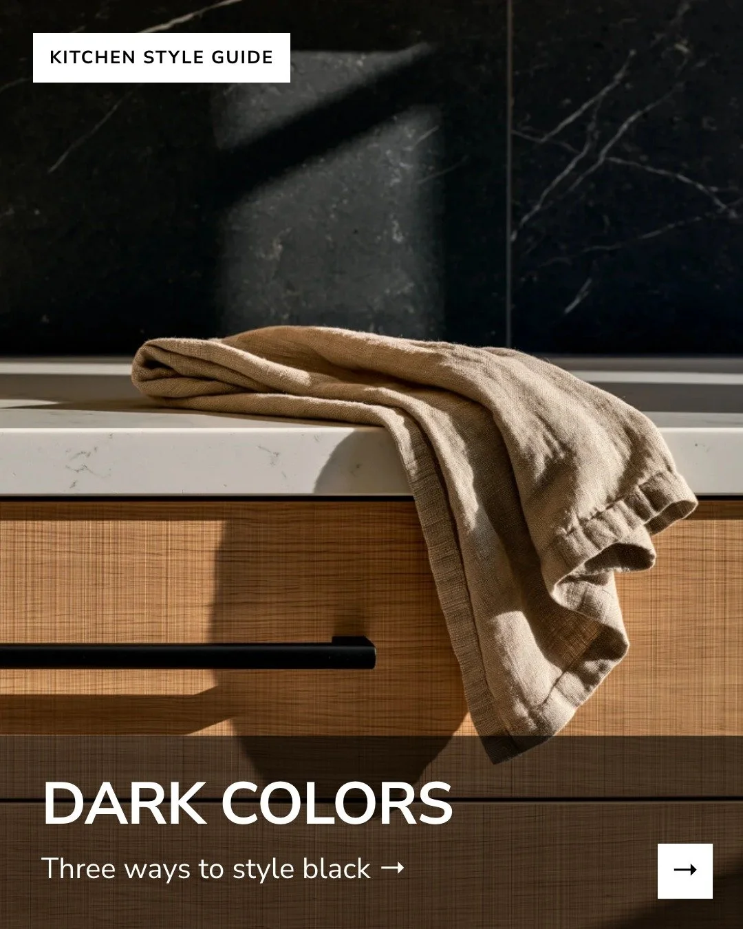 Dark kitchen design ideas:  3 ways to use black without closing the room in.

Modern contemporary &mdash; white oak cabinets, black hardware, slate-look black floor tile, white quartz countertops with black veining

Retro classic &mdash; white shaker