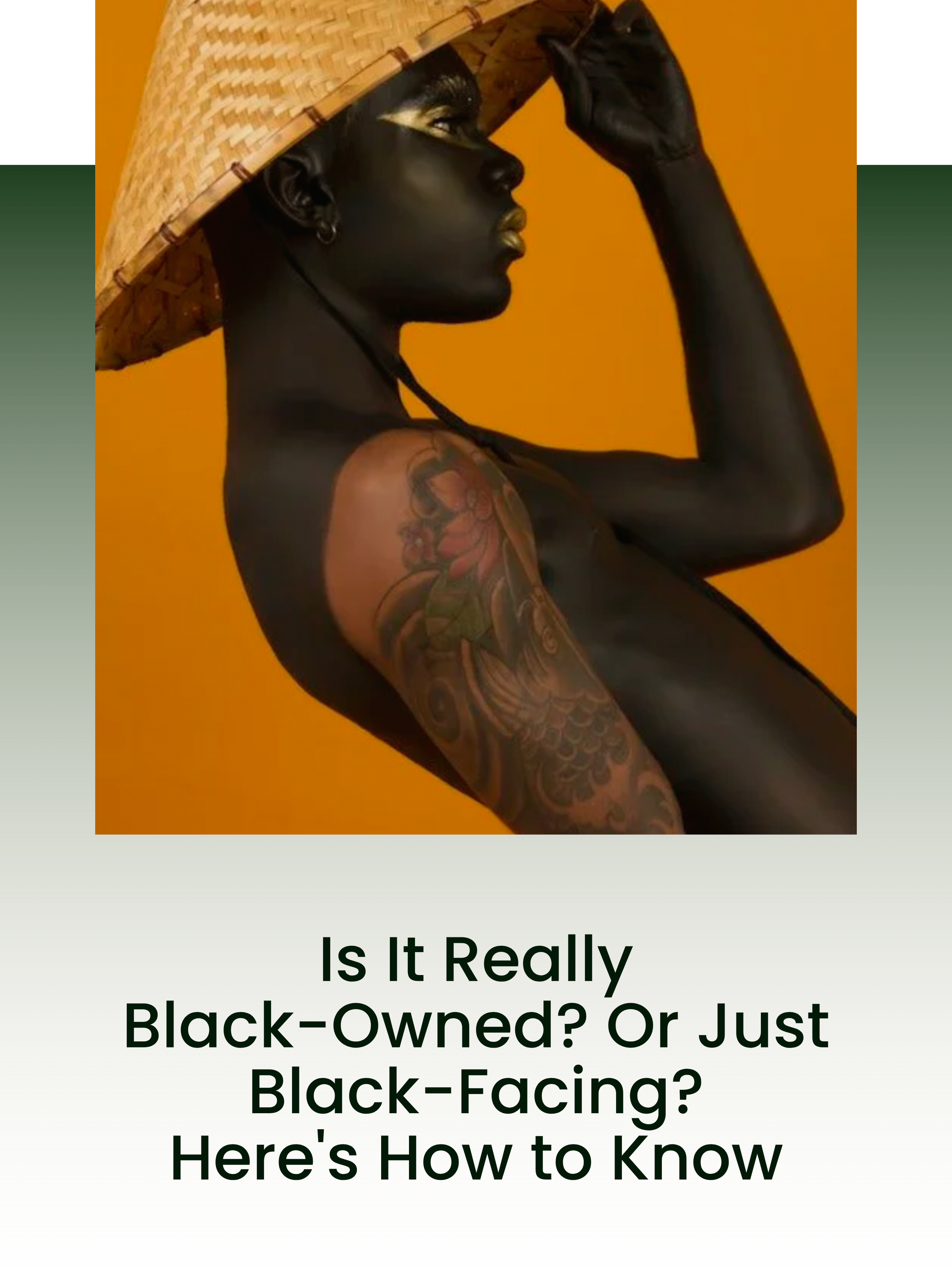 A woman with dark skin, black hair, and tattoos on her arm, wearing a straw hat and black gloves, is posed against a yellow background, with her hand on her forehead in a thoughtful gesture.