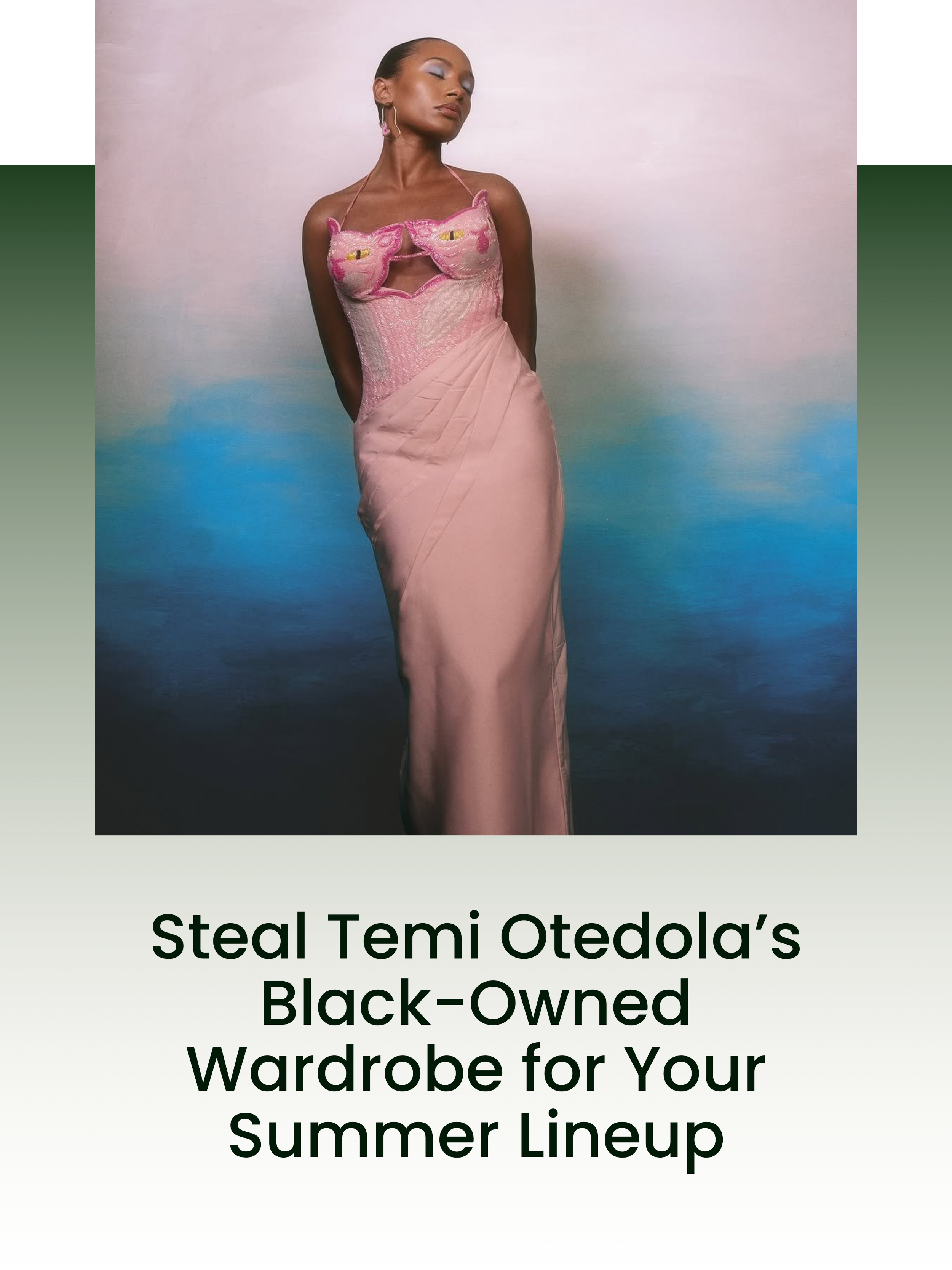 A woman in a pink dress standing in front of a painted background with a gradient of blue and pink hues, looking with her eyes closed.