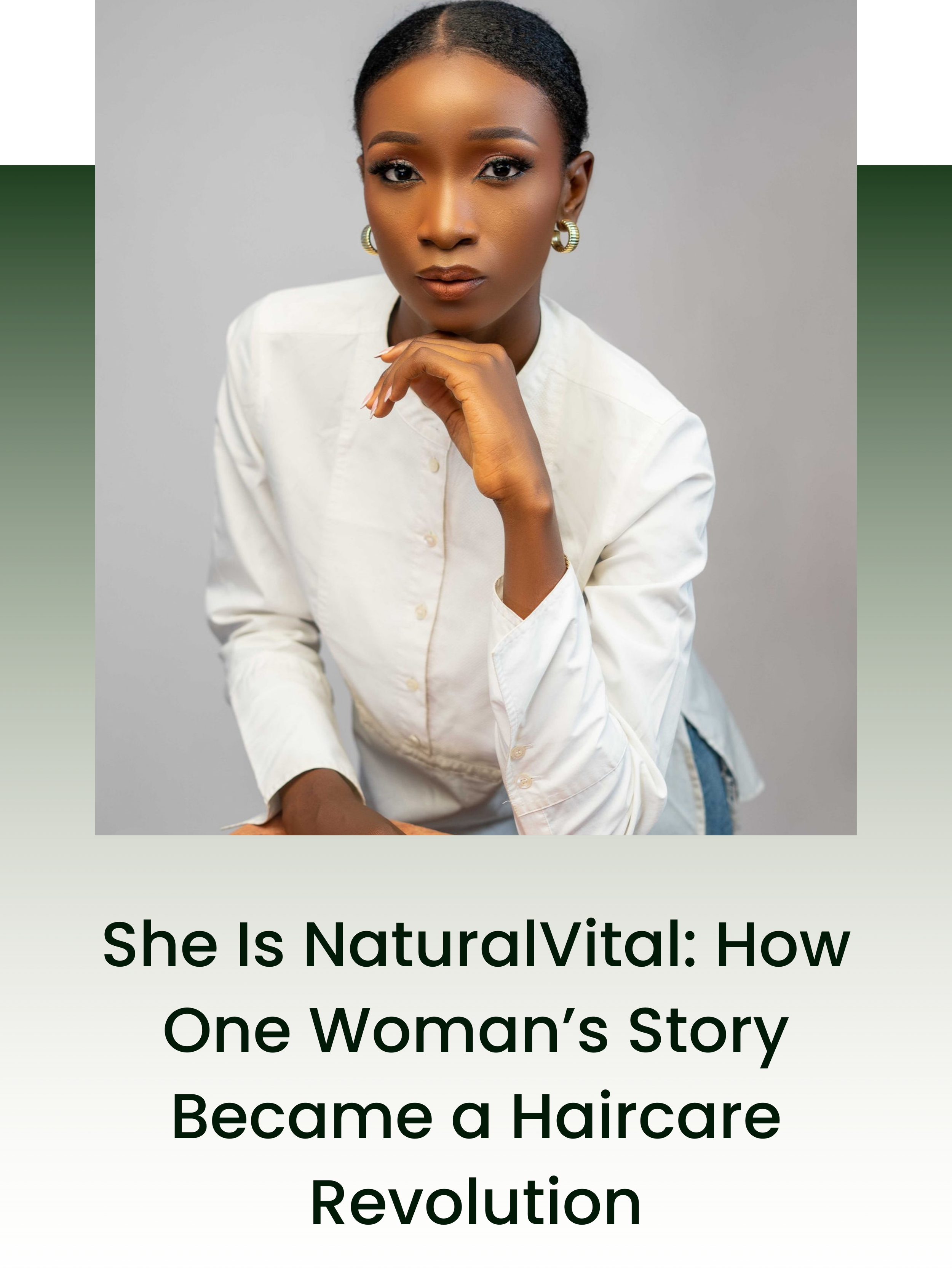 A confident woman with short hair, wearing a white button-up shirt and hoop earrings, posing against a gray background.