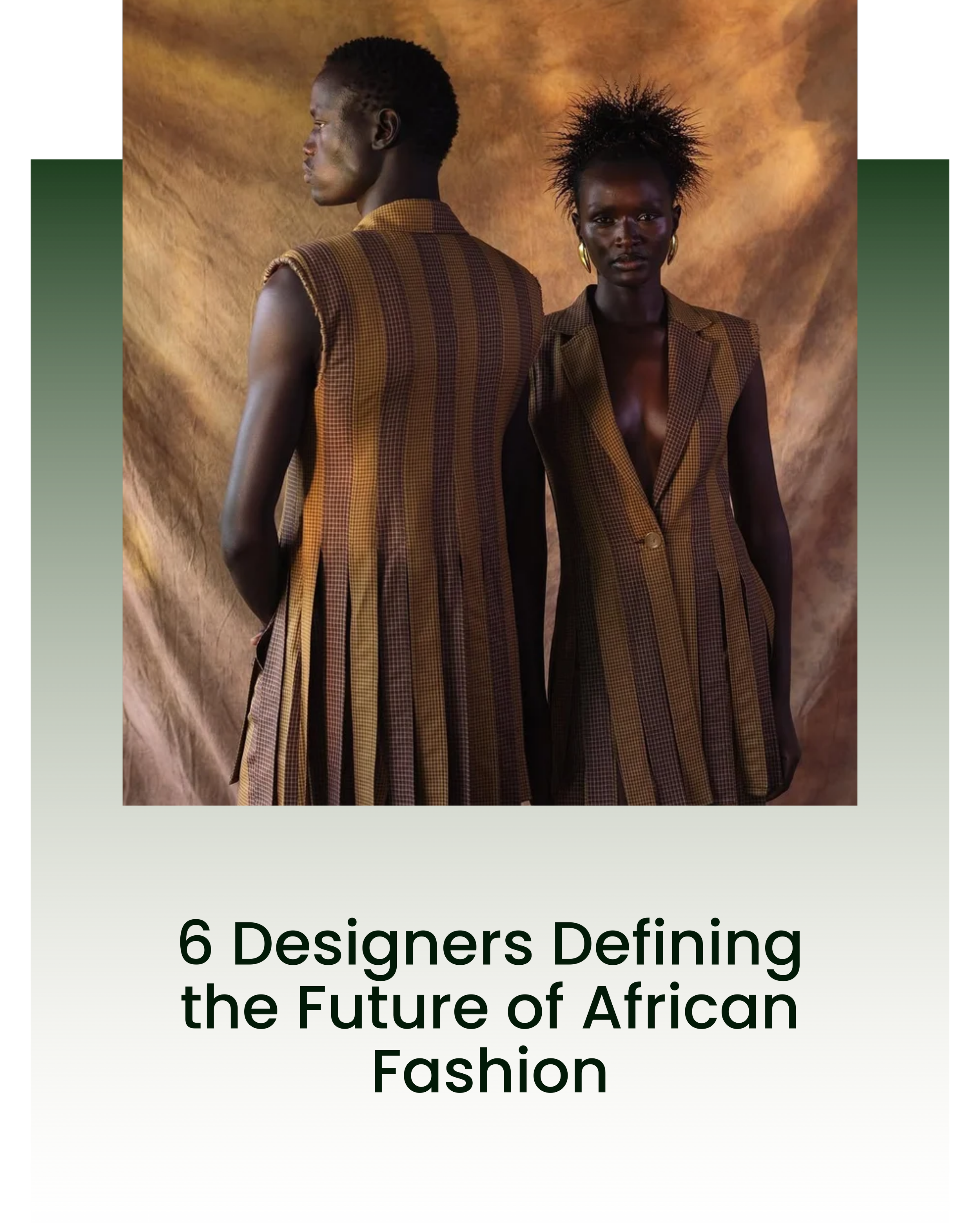 Two African models wearing matching brown patterned dresses, standing back to back against a brown background.