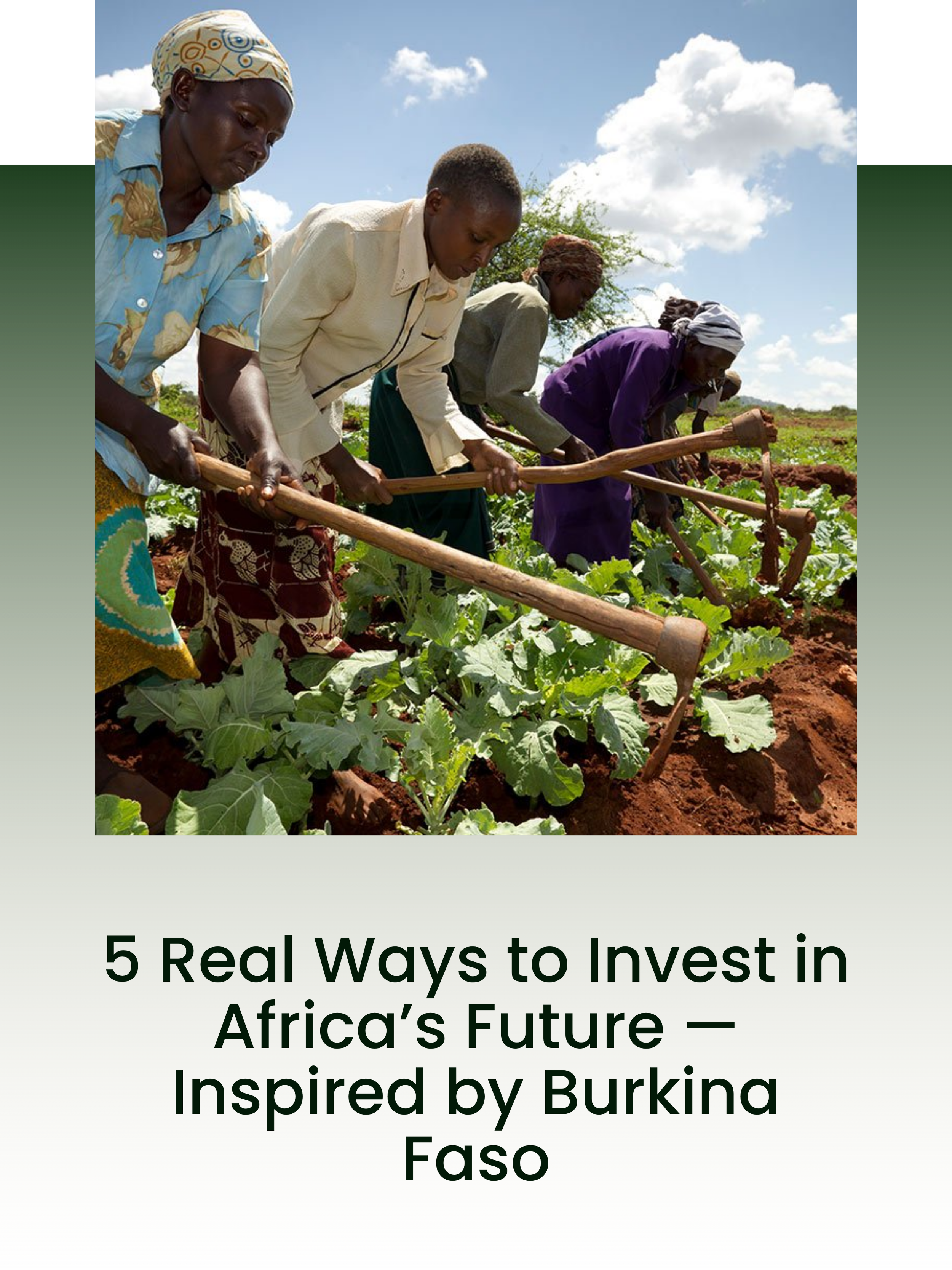 Four women working in a vegetable field, using hoes to cultivate the soil, under a partly cloudy sky.