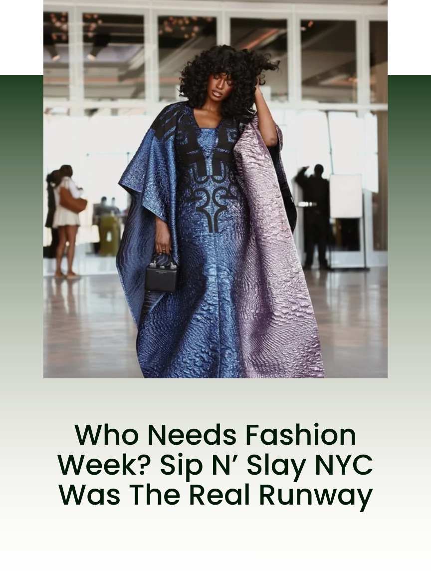 A woman with curly black hair wearing a striking shiny blue and purple textured dress stands in an indoor setting, likely an airport or venue, with large glass windows and other people in the background.