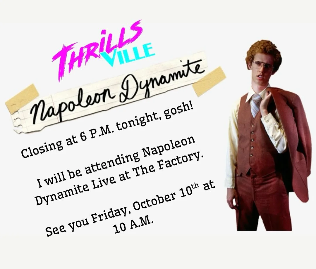 Closing up a teeny bit early tonight to spend a night laughing with Jon Heder, Jon Gries, &amp; Efren Ramirez. 😎 

#thrillsville618 #edwardsville #napoleondynamite #unclerico #voteforpedro #tinayoufatlard #tatertots