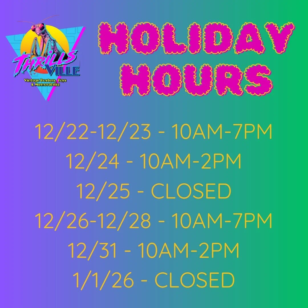 Normal hours this week (Wed-Sun) and then holiday hours begin on Monday Funday. 🎅🏼 Stuff those stockings and gift bags with weird and wonderful gifts from ThrillsVille! 

#thrillsville618 #edwardsville #holidayszn #shoplocal #smallbusiness #holiday