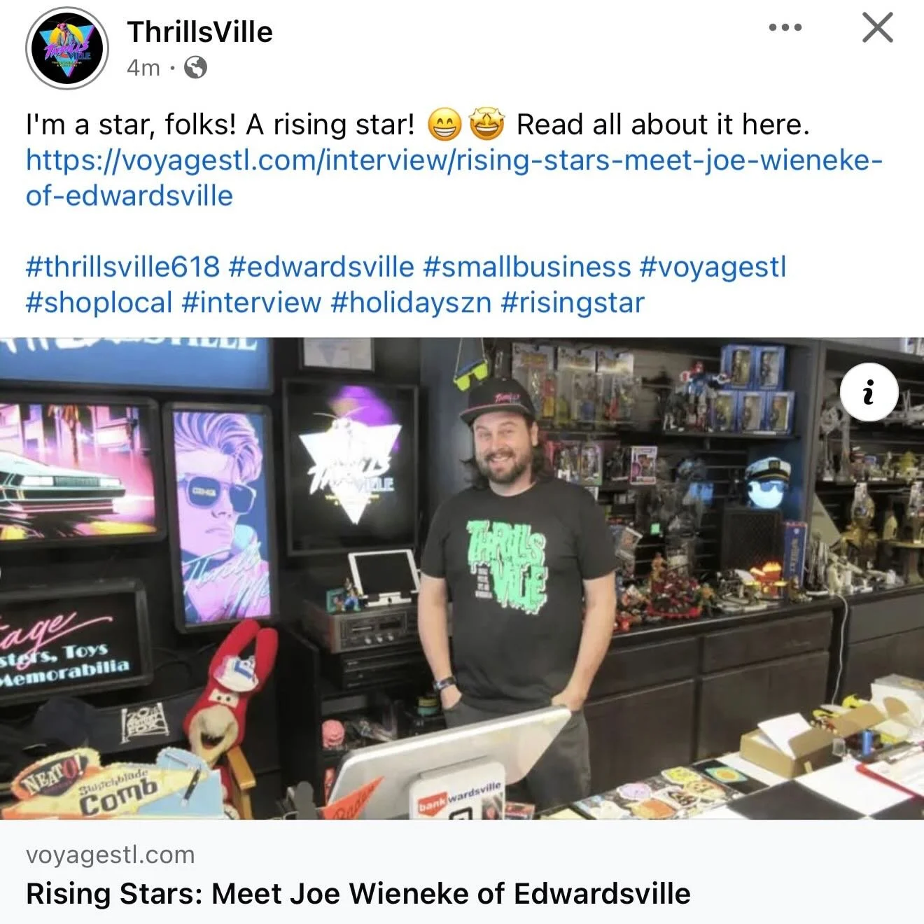 I&rsquo;m a star, folks! A rising star! 😁🤩 Read all about it here (or head on over the the FB page for a direct link). https://voyagestl.com/interview/rising-stars-meet-joe-wieneke-of-edwardsville

#thrillsville618 #edwardsville #smallbusiness #voy