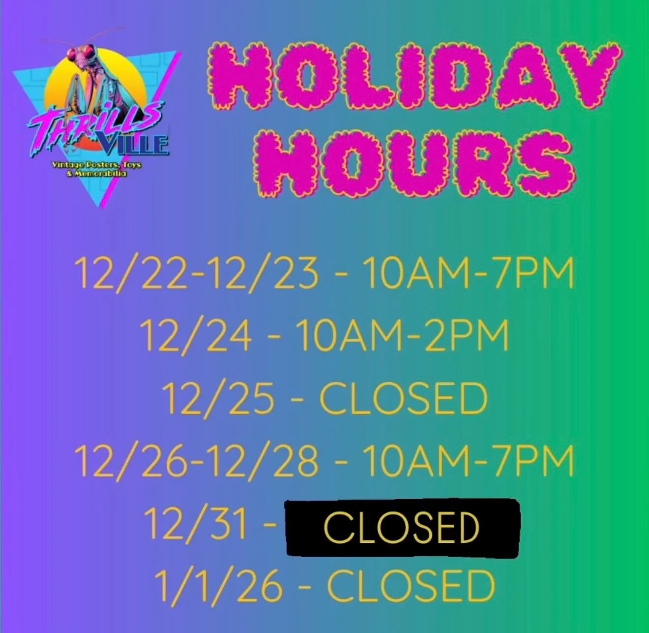 Heads up, Thrillers &hellip; I&rsquo;ll be closed on NYE. Thank you everyone who shopped and supported ThrillsVille during this holiday szn. You&rsquo;re the bessssssst. 2026, here we come! 👾 

#thrillsville618 #edwardsville #holidayhours #holidaysz