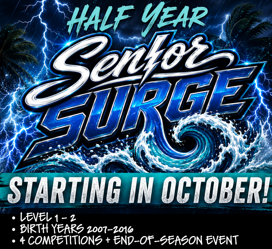 Announcement for half-year Surf or Surge event with stormy ocean, lightning, and palm trees in the background. Starts in October. Includes details about level, birth years, competitions, and end-of-season event.