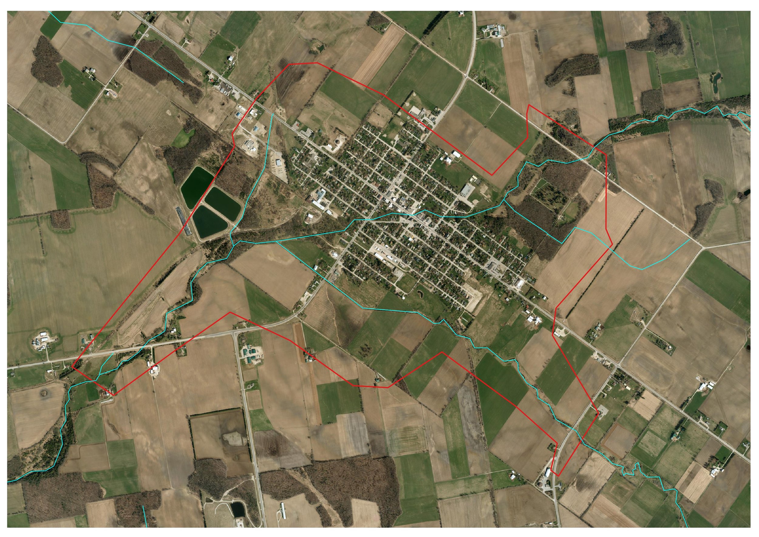 Satellite image of Harriston, Ontario showing the watercourse locations