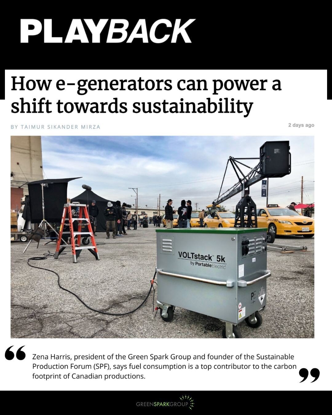 Thanks for the shout out, Playback! E-generators are a massive step in the right direction when it comes to sustainability on set. Sign up for our newsletter for more tips and industry news on greening your production, and be sure to check out the gr