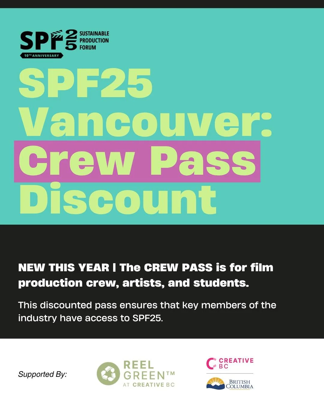 Join us at SPF25 Vancouver through our discounted CREW PASS! 🎬🎉

New this year, the crew pass is primarily for film production crew, artists, and students. It includes access to the full-day conference, lunch, and networking reception. 💬🥗

The cr