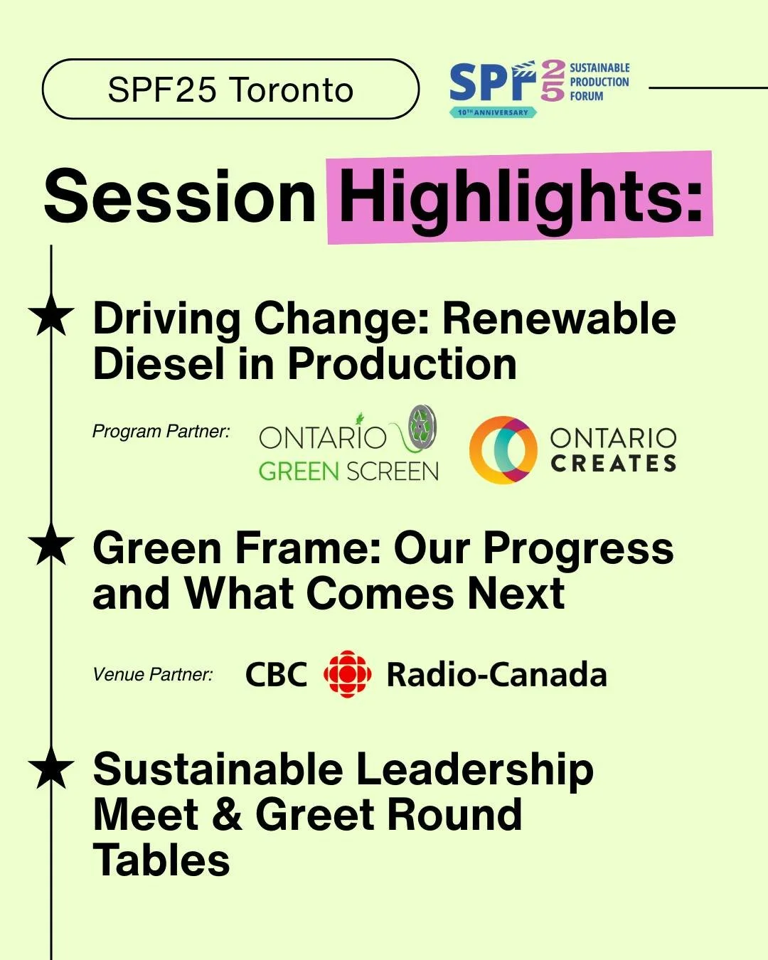 🎬 Get to know SPF25 Toronto &amp; all the programming we&rsquo;re going to cover! 🍁🌎

From the launch of the Green Frame Progress Report to hands-on circularity tools and a first look at a groundbreaking renewable diesel case study, to climate-cen