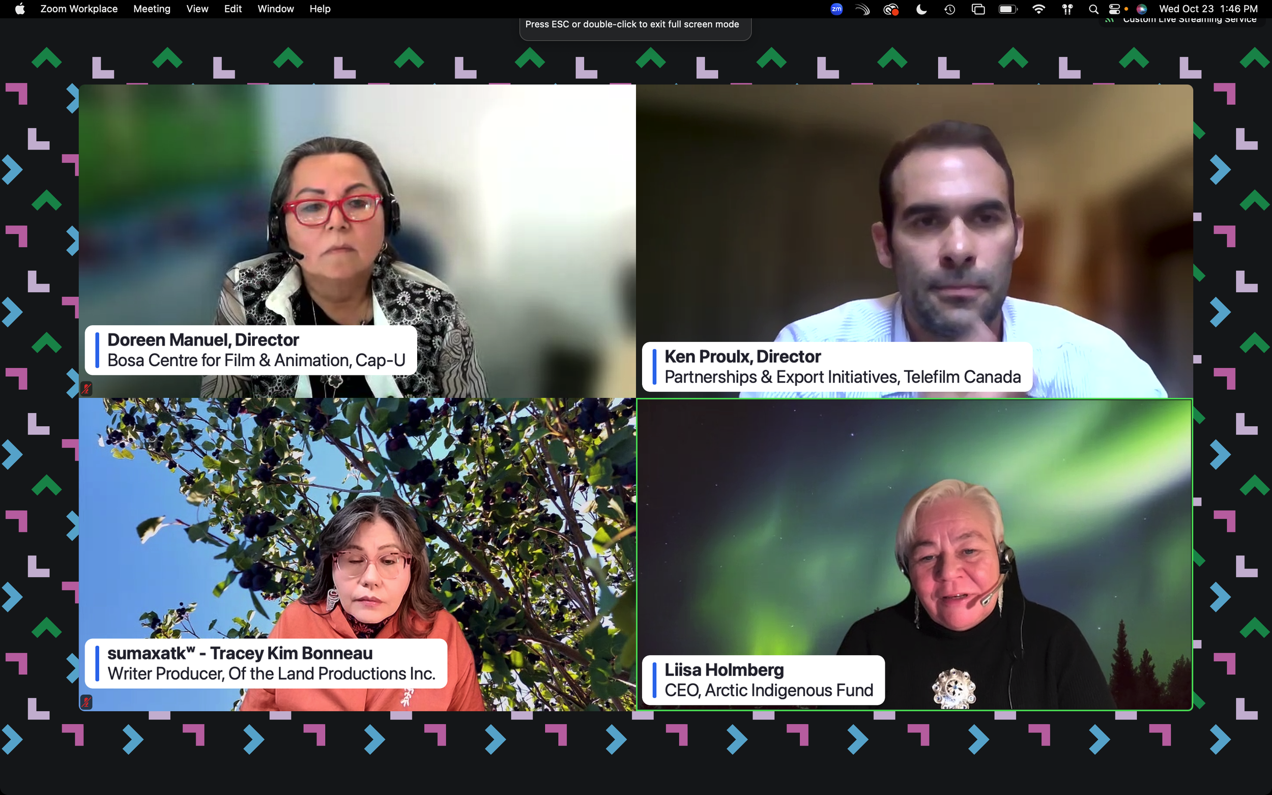 A virtual conference call with four women and one man, each in separate video windows. Top left is Doreen Manuel, Director at Bosa Centre for Film & Animation, Cap-U, wearing glasses and a headset. Top right is Ken Proulx, Director of Partnerships &