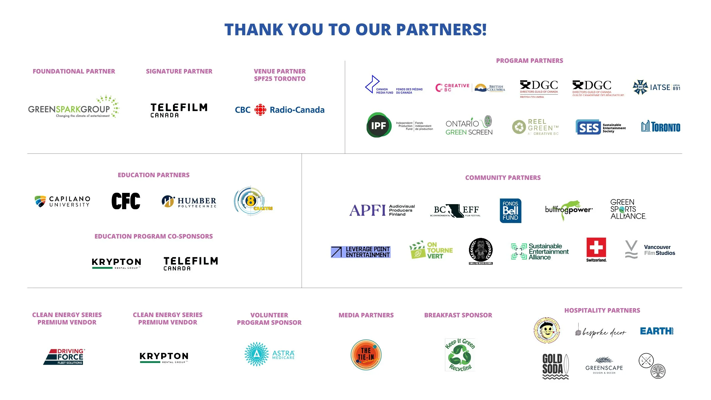 A thank you message to various partners for a media or entertainment event, displaying logos of organizations categorized as founding, signature, venue, program, education, co-sponsors, energy, volunteer, media, breakfast, hospitality, and community partners.
