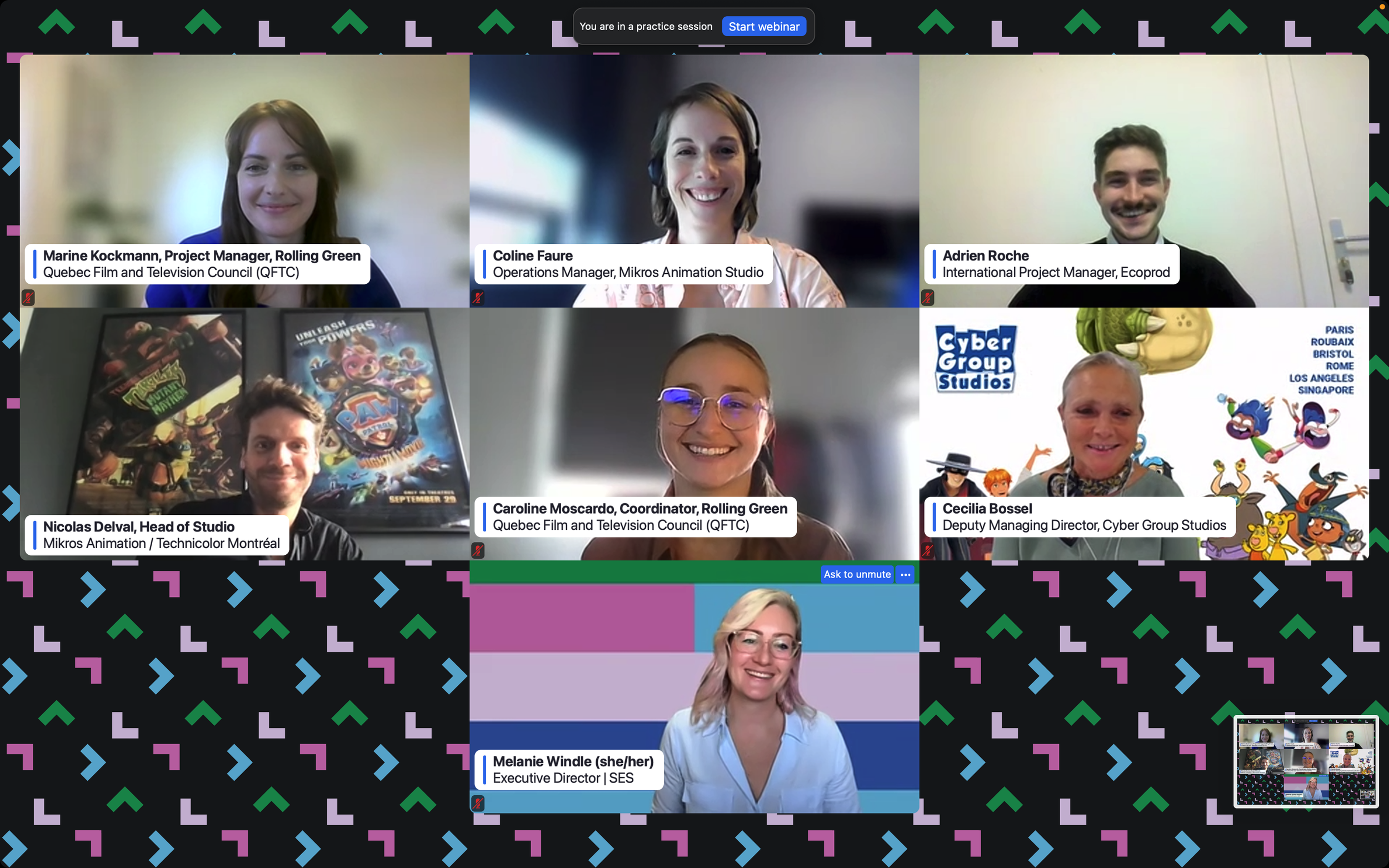 Screenshot of a virtual meeting with eight participants, each in their own video window. Participants include professionals from the animation industry, with some using background images related to their work. The background pattern features multicol