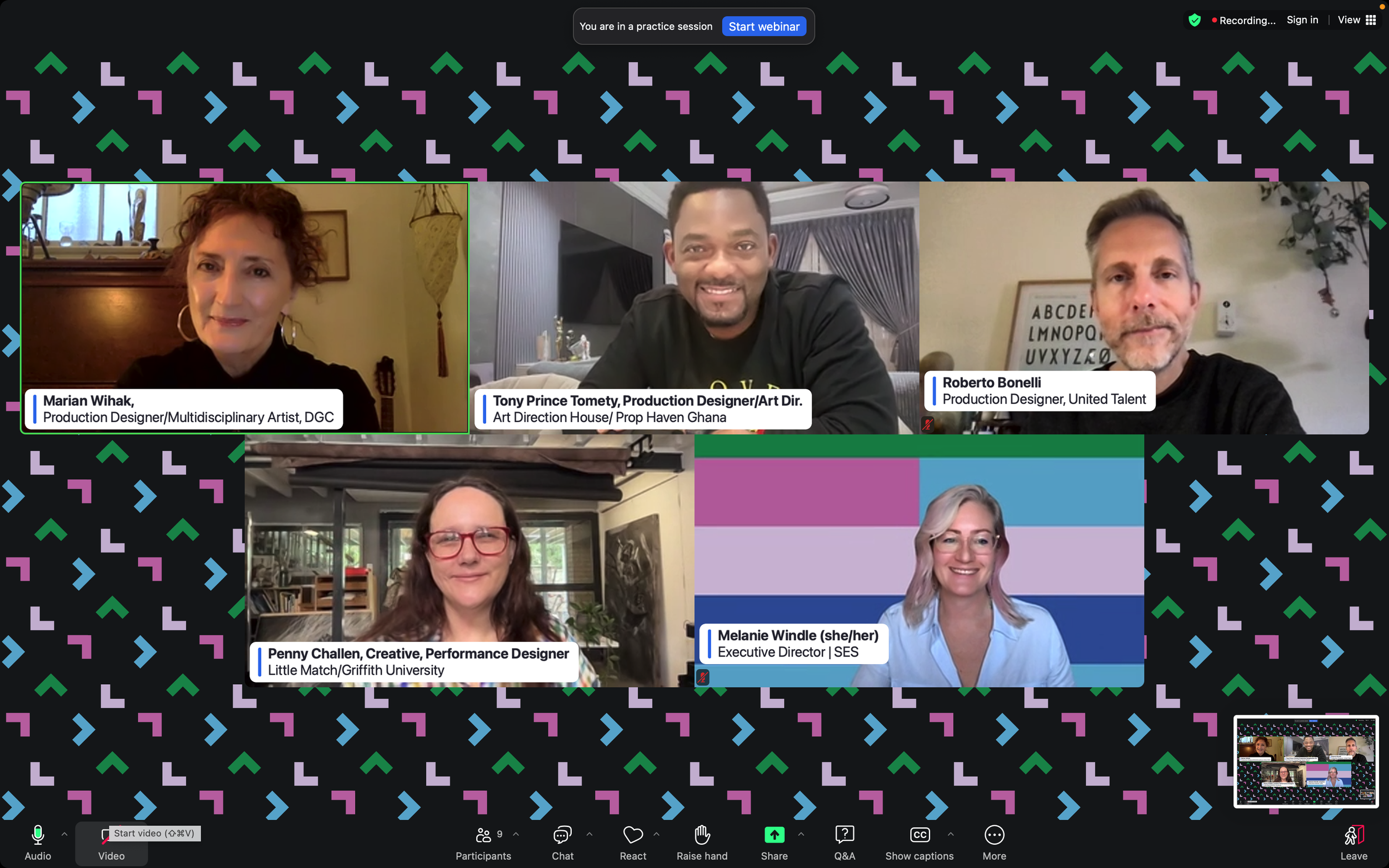 Virtual conference with five participants, each in a separate window with their names and titles, sharing a colorful patterned background.