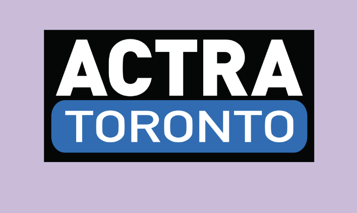 Logo of ACTRA Toronto with black, white, and blue text on a purple background