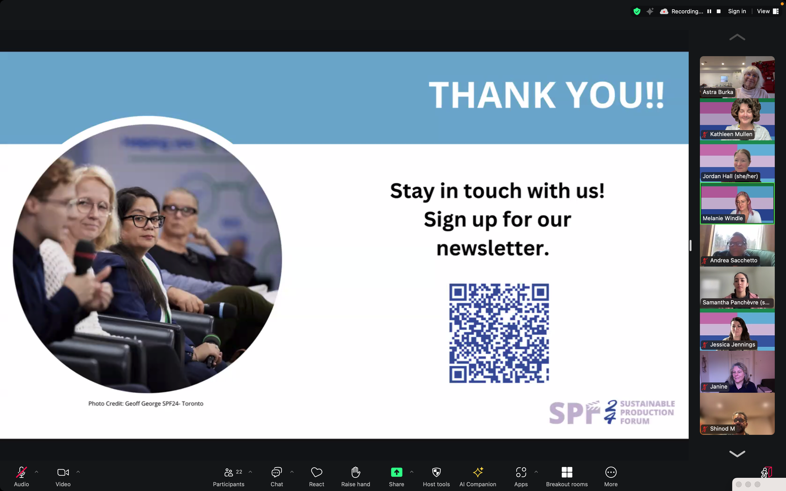 Zoom webinar slide with group photo of five women, including one speaking into a microphone and four listening, on the left side. Text on the right side says 'Thank You!! Stay in touch with us! Sign up for our newsletter.' with a QR code below. The s