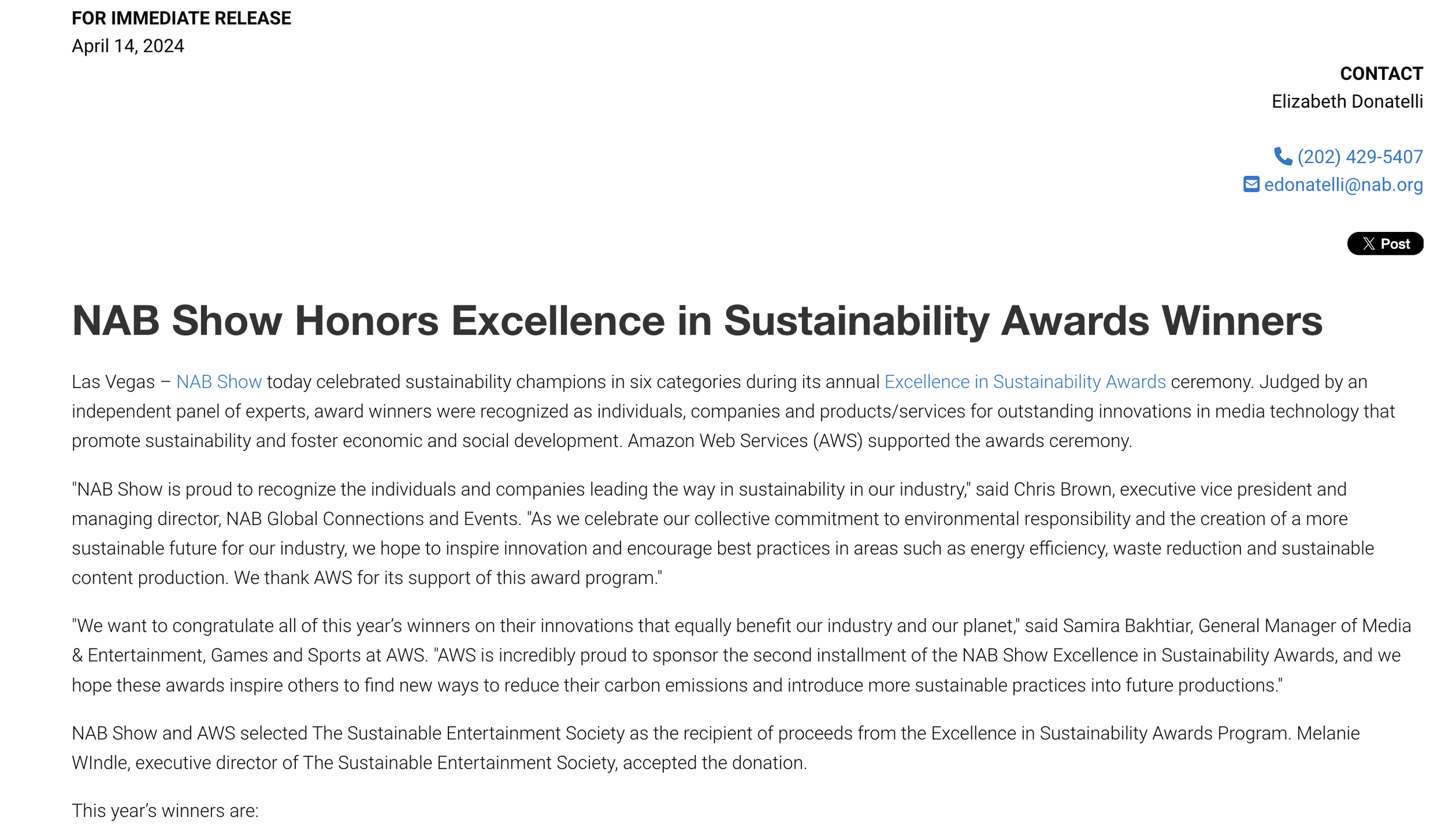 Press release article titled 'NAB Show Honors Excellence in Sustainability Awards Winners' with contact information and a logo at the top left. The article discusses NAB Show's celebration of sustainability champions, awards ceremony, and quotes from
