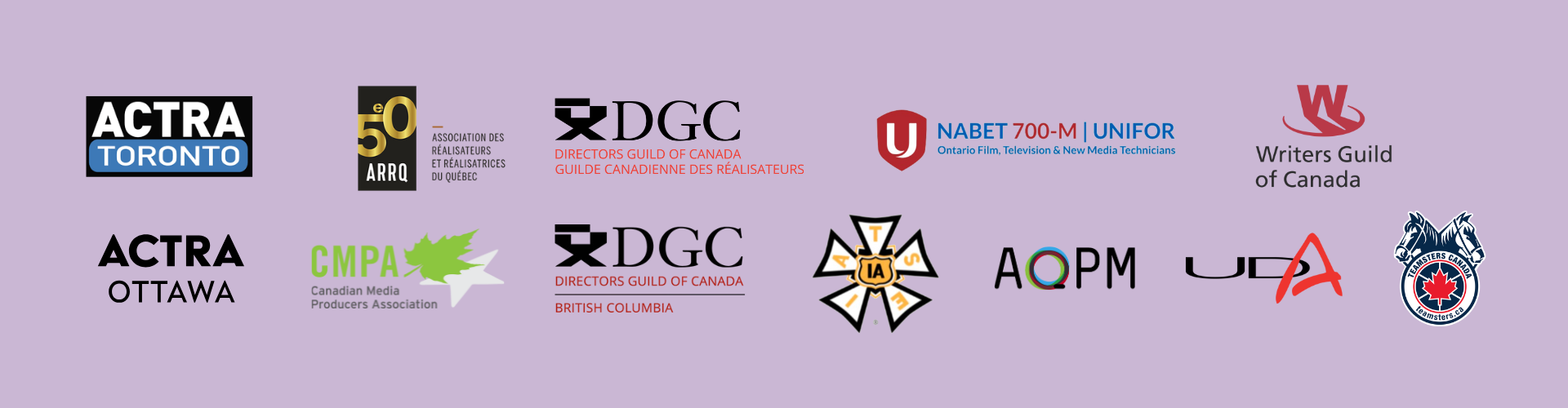 Collection of logos from various Canadian film and media organizations on a purple background.