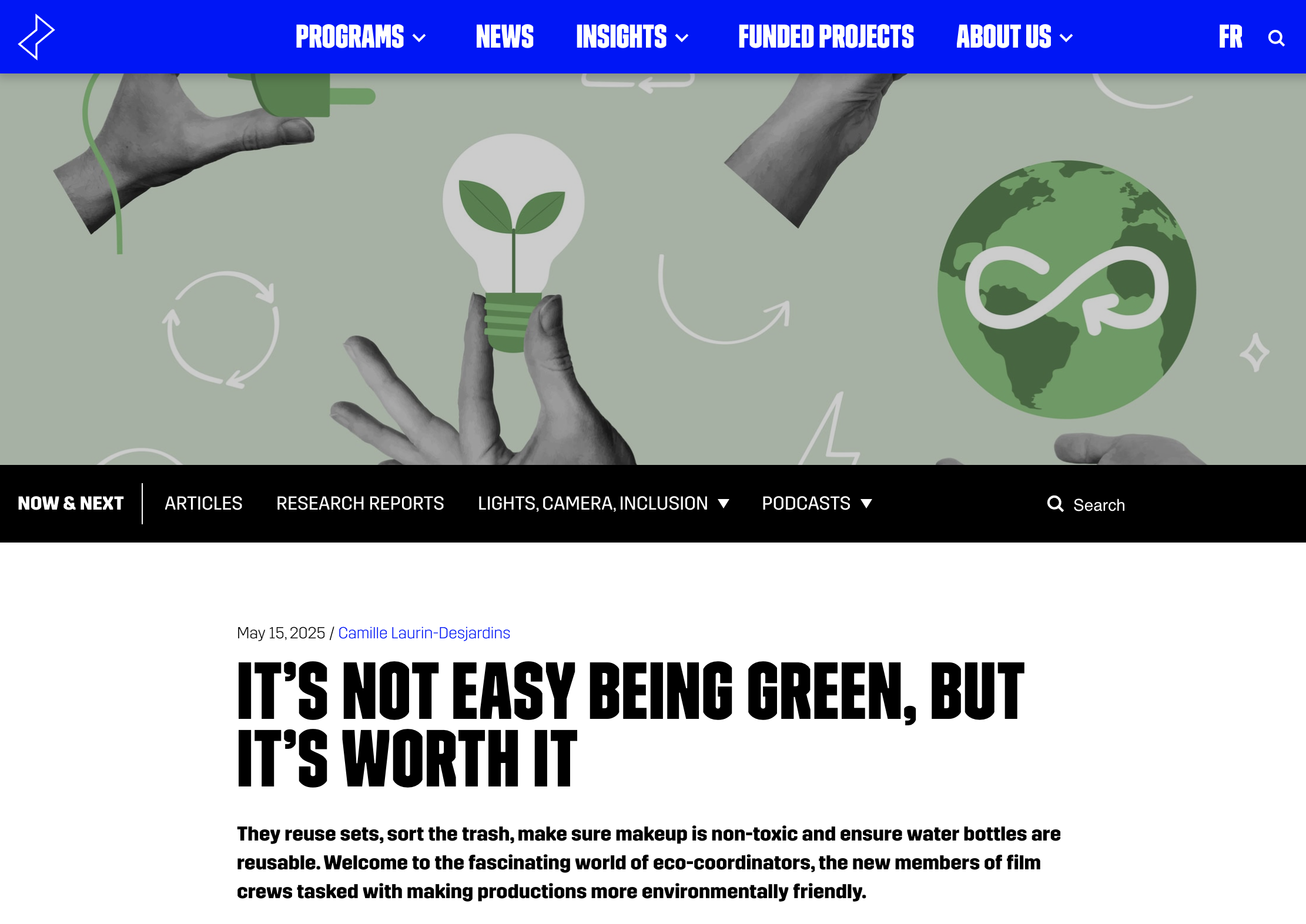 Website homepage header for an environmental organization, featuring illustrations of hands holding a light bulb with a sprouting plant, a globe with an infinity symbol, and abstract arrows indicating recycling or sustainability.
