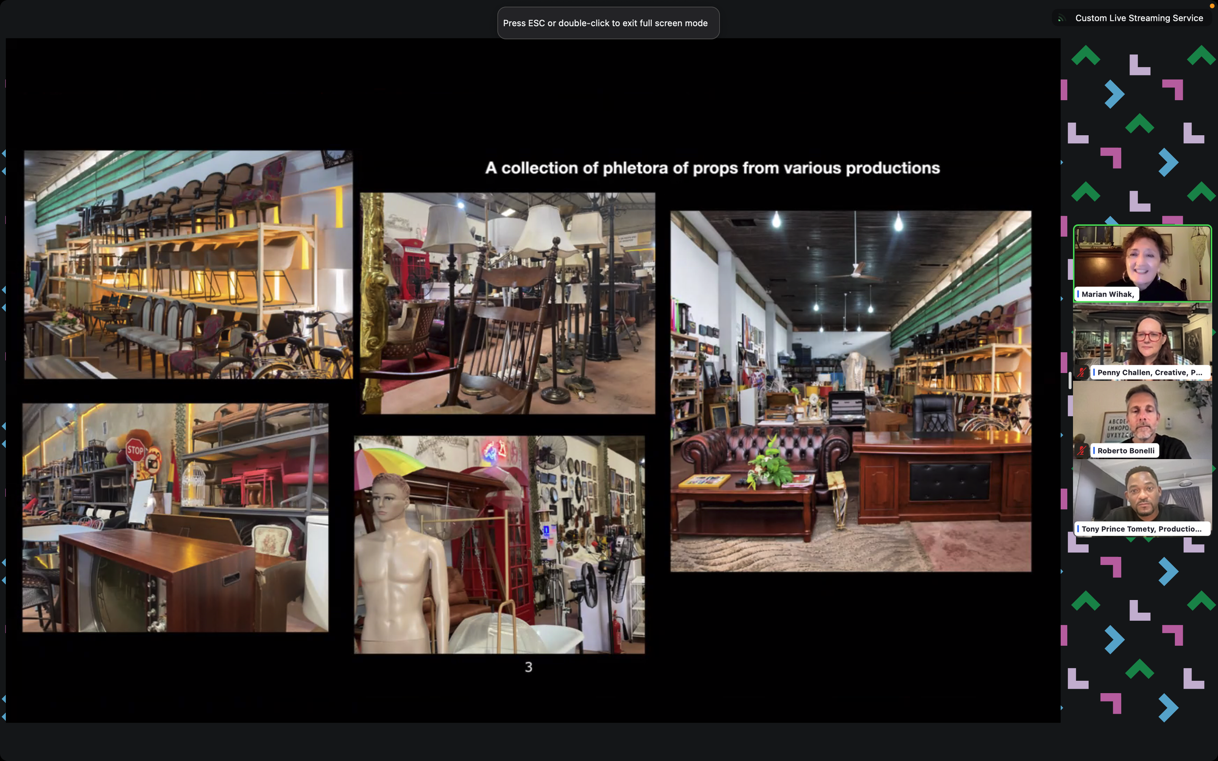 A collage of various vintage and antique props, including chairs, lamps, mannequins, a vintage radio, and other household items, displayed on shelves and in a store setting.