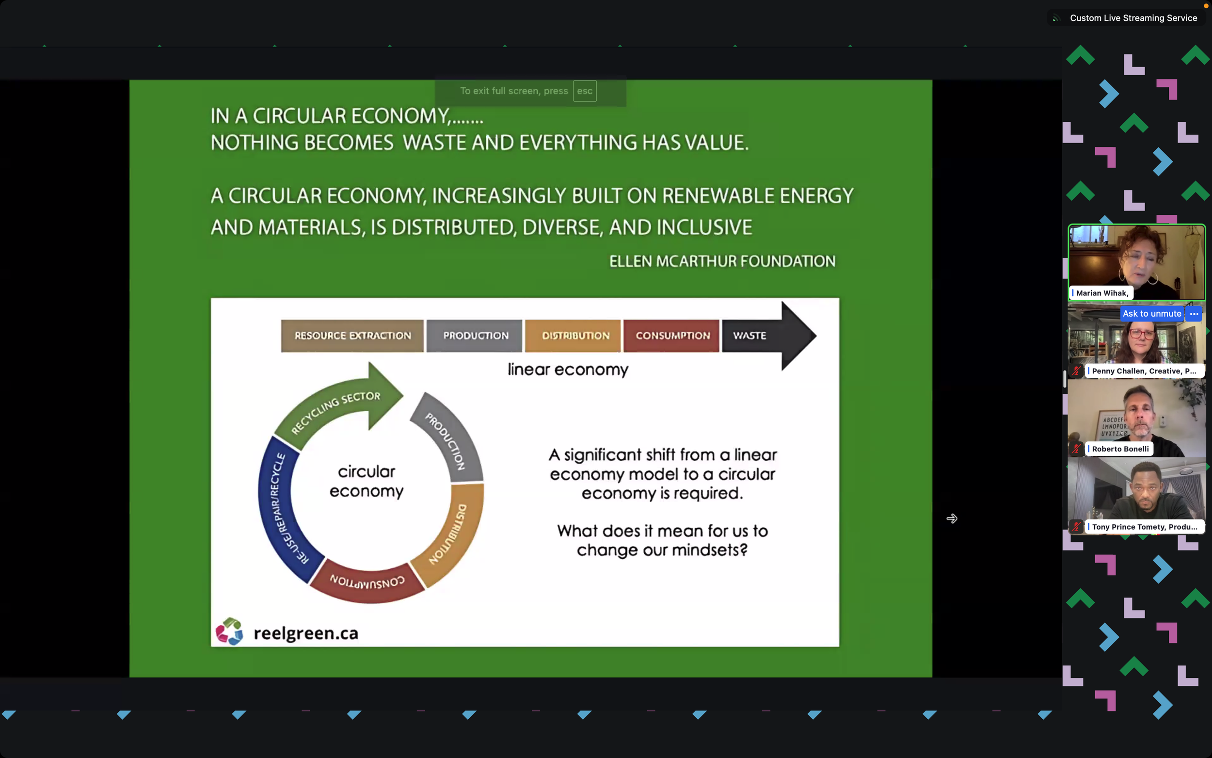 Slide discussing the shift from a linear economy to a circular economy, featuring a quote from Ellen MacArthur Foundation, and diagrams illustrating linear versus circular economic models with stages resource extraction, production, distribution, con