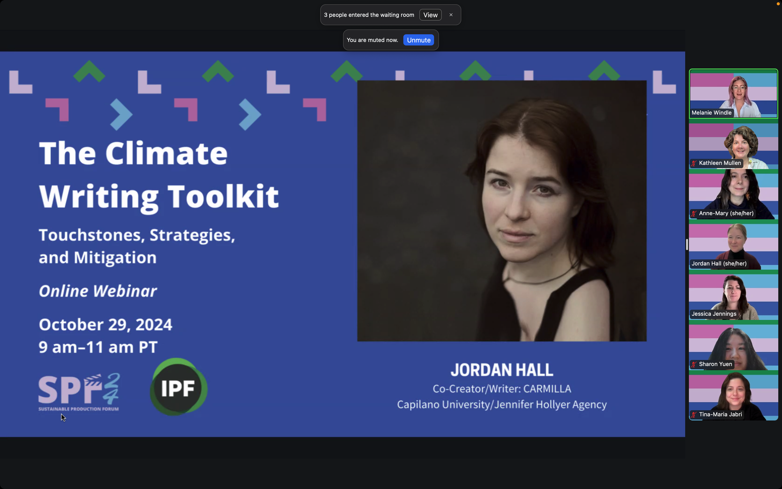 Slide from an online webinar titled 'The Climate Writing Toolkit: Touchstones, Strategies, and Mitigation' scheduled for October 29, 2024, from 9 am to 11 am PT. The slide features logos of the Sustainable Production Forum and the International Panel