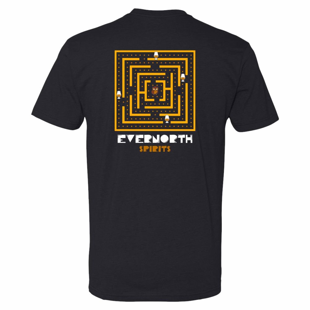Black tee from the back with a video game maze illustration on the back.