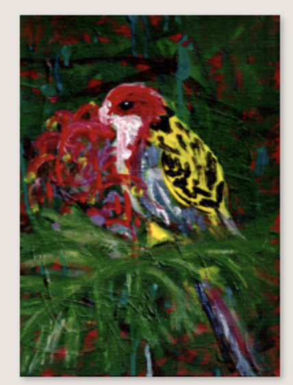 Title – Flourish in Crimson and Gold
Medium – Acrylic and impasto on canvas board
Size of Original – A4 8-1/4 x 11-3/4 in, 210 x 297 mm
Year – 2026
Description - The inspiration for this pieces is the Eastern Rosella which is an intelligent cheeky, a