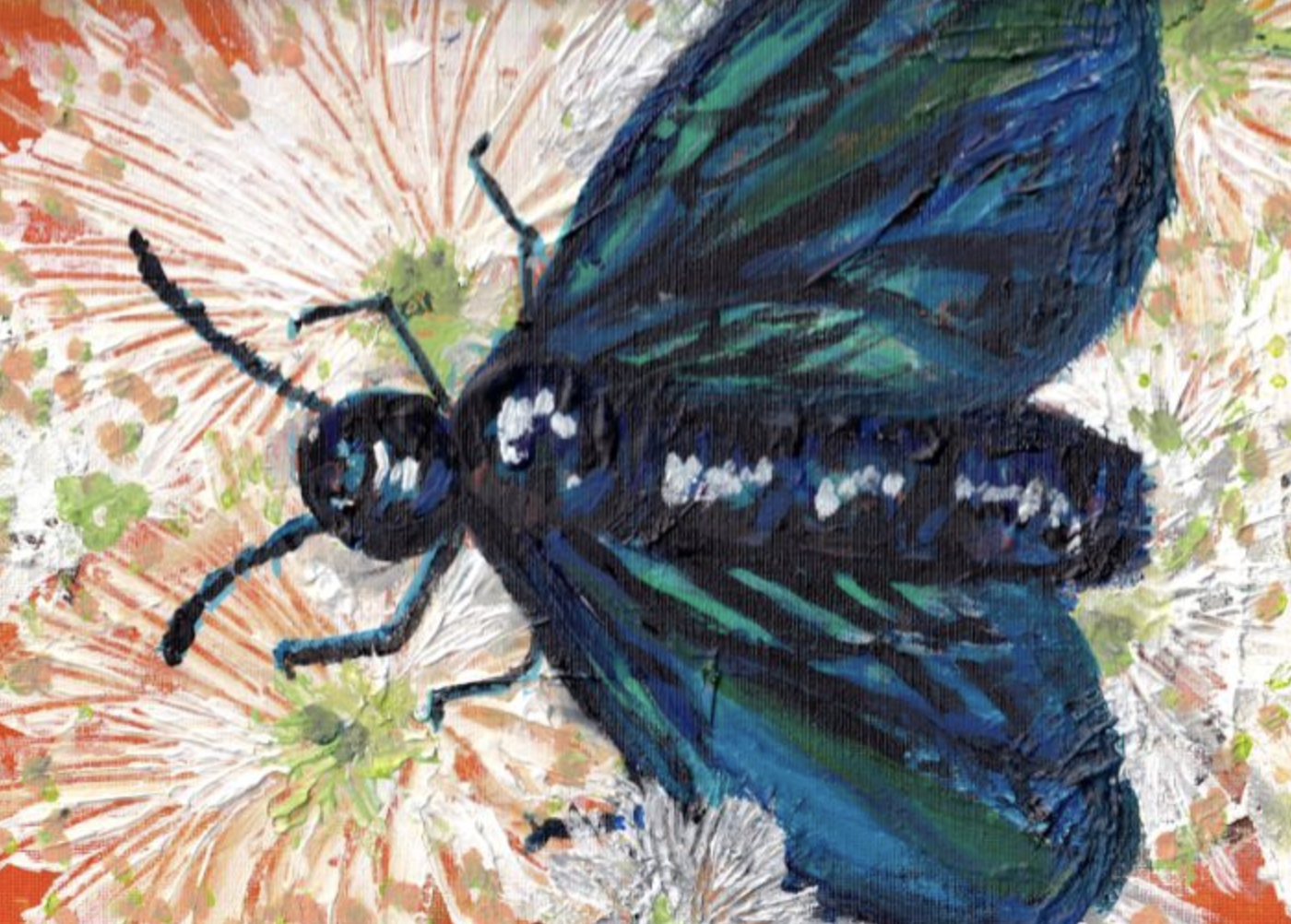 lue Flower Wasps are an insect found in eastern Australia and other areas. They are known to lay eggs in the larvae of the Christmas beetles. This print is from an original acryclic painting of a stylised Blue Flower Wasp within the flowers of the Ku