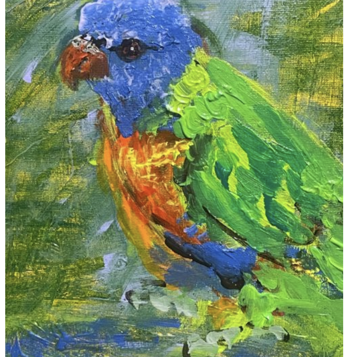 itle - Rainbow in tthe RainMedium - Acrylic and impasto on canvas board

Size of Original – A4 8-1/4 x 11-3/4 in, 210 x 297 mm

Year – 2026

Description - Rainbow lorikeets are colourful cheeky birds, and their colour shines through even during grey 