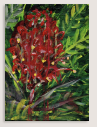 Title - Crimson Impression
Medium - Acrylic and impasto on canvas board
Size of Original – A4 8-1/4 x 11-3/4 in, 210 x 297 mm
Year – 2026
Description - The vivid red exotic blooms of the grevillea 'Robyn Gordon' emerging between the leaves always loo