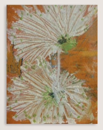 his is from an original acrylic on canvas board painting, The background is dark orange reminscent of scorched drought dried land and forms a slightly abstract base for the delicate Kunzea blloms rendered in an Impressionistic style. This painting of